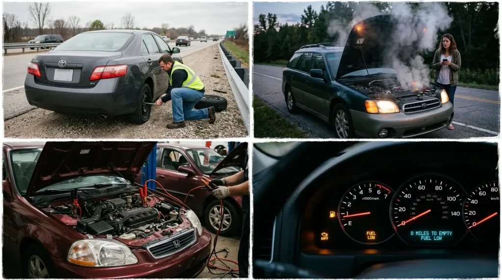 Car broke down far from home what to do showing common issues like flat tire, overheating engine, and battery failure