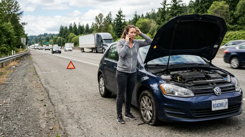 Car broke down far from home what to do showing driver handling different breakdown situations and calling for help