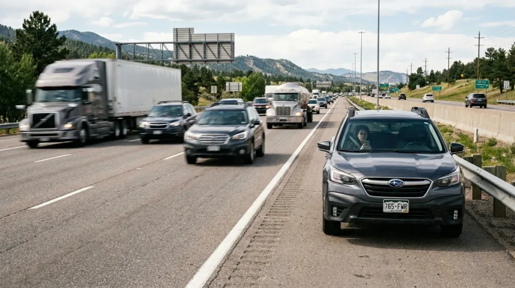 Car broke down far from home what to do showing safe positioning on highway shoulder with driver staying inside vehicle in the USA