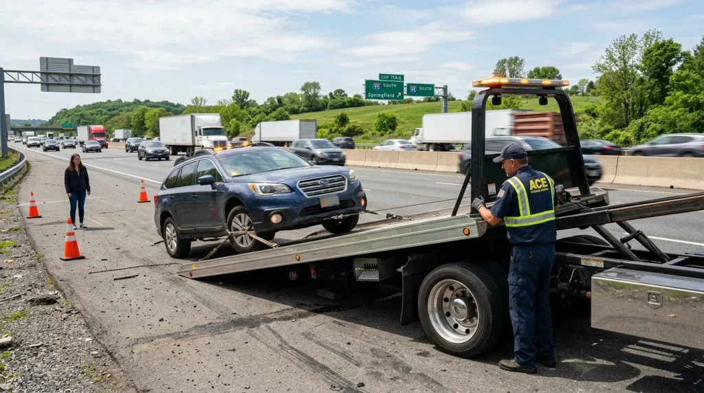 Car broke down far from home what to do showing tow truck assisting broken vehicle on roadside